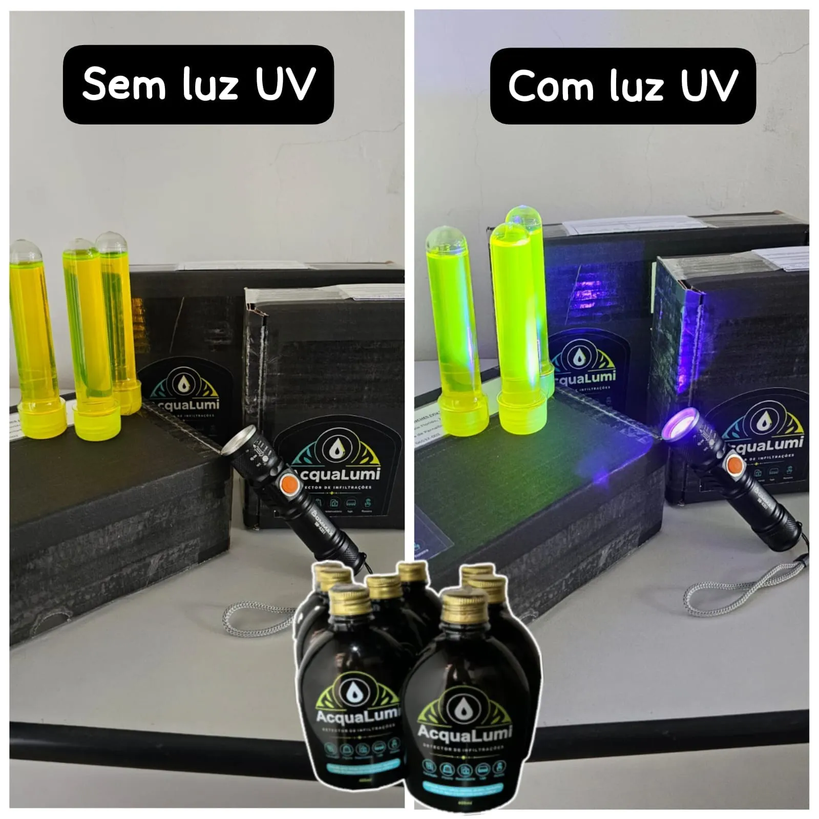 Traçador Químico Marca Acqualumi Modelo Standard não iluminado e iluminado pela lanterna UV